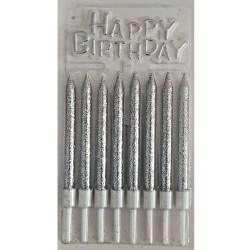 Cake Candle 8 pcs - Happy Birthday - Silver